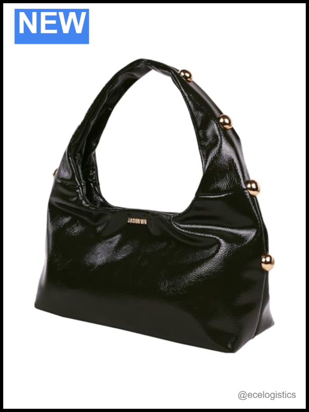 Studded Shoulder Bag Crackled High Gloss Handbag Sculpted Strap Magnetic Snap